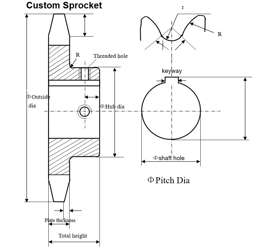 stainless steel roller chain sprocket drawing